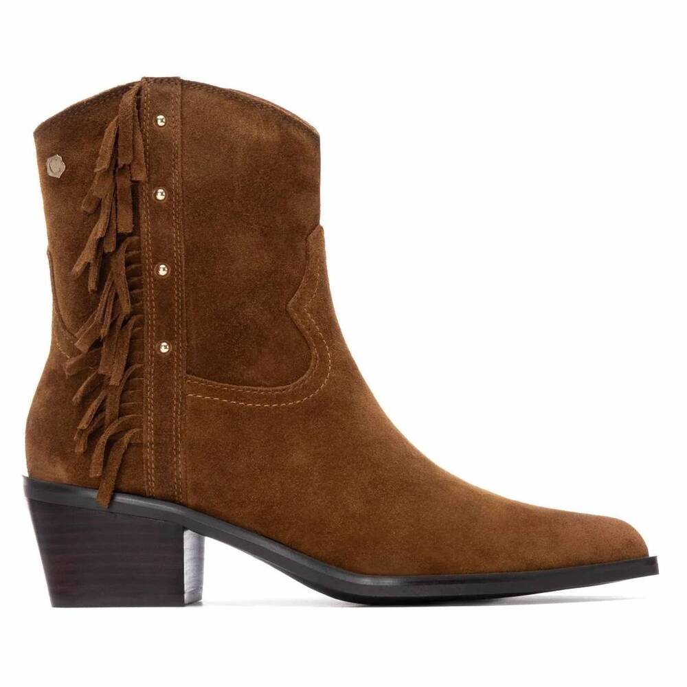 NEW CARMELA women's suede fringe ankle booties in camel